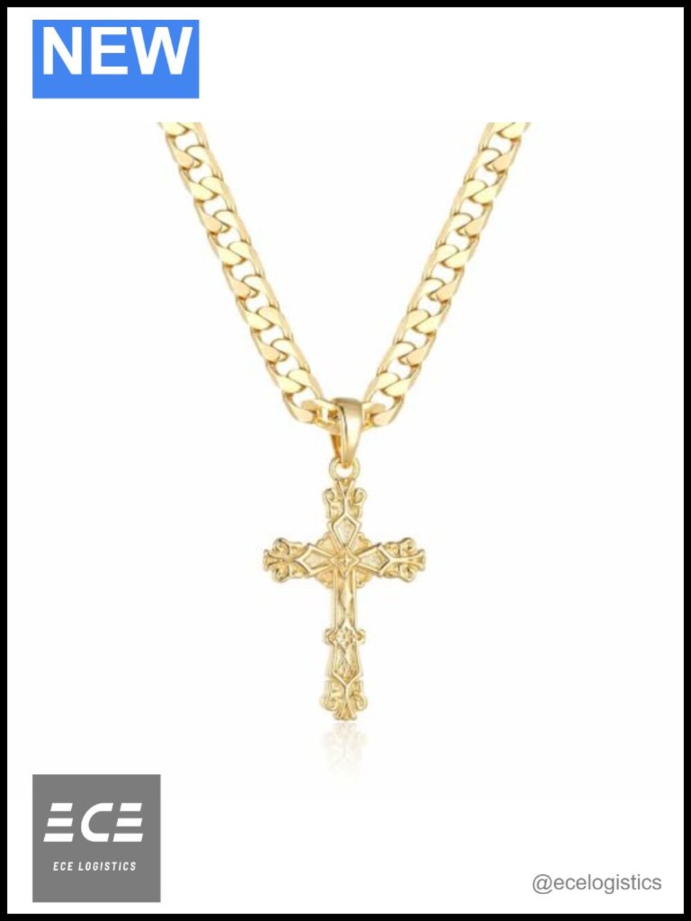 Gold PVD Plated Filigree Cross Pendant Necklace 4mm 22 Inch Brass